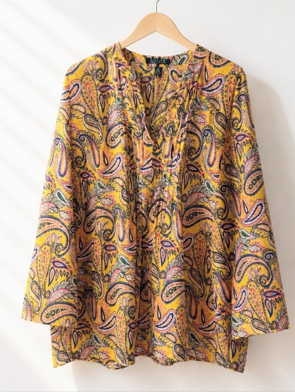 LAUREN Ralph Lauren 2X Paisley Tunic Top Pin-tuck Pure Cotton Bell Sleeves Sheer